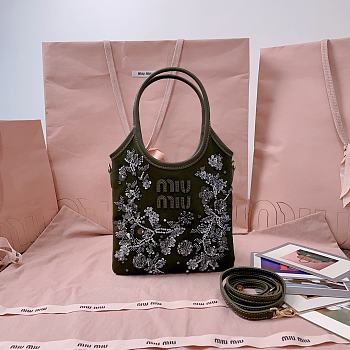 Okify MiuMiu Ivy Embroidered Gabardine Bag In Olive Green 20x24cm