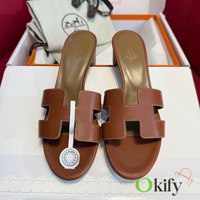 Okify Hermes Oasis Epsom High Heel Sandals In Brown 5cm - 1