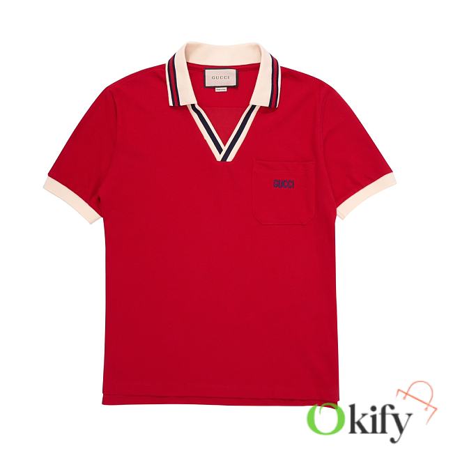 Okify Gucci V-neck Red Polo Shirt  - 1