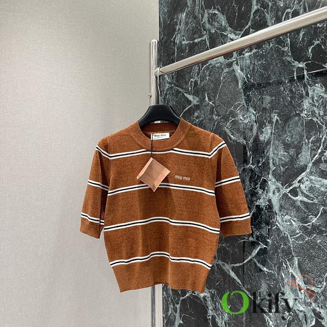 Okify MiuMiu Round Neck Knitted Short Sleeves Top In Brown - 1