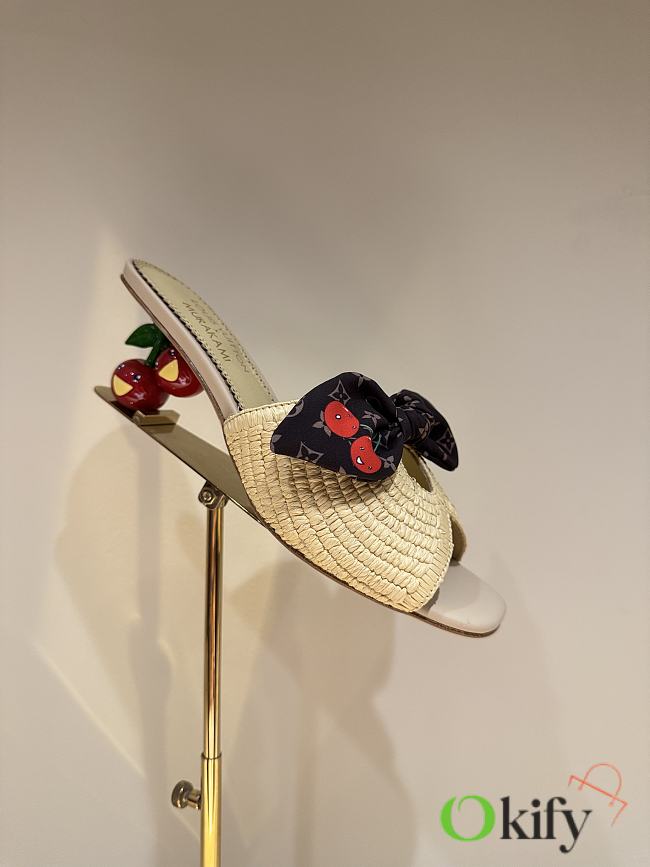 Okify Louis Vuitton Cherry Heel Raffia Sandals In Beige - 1