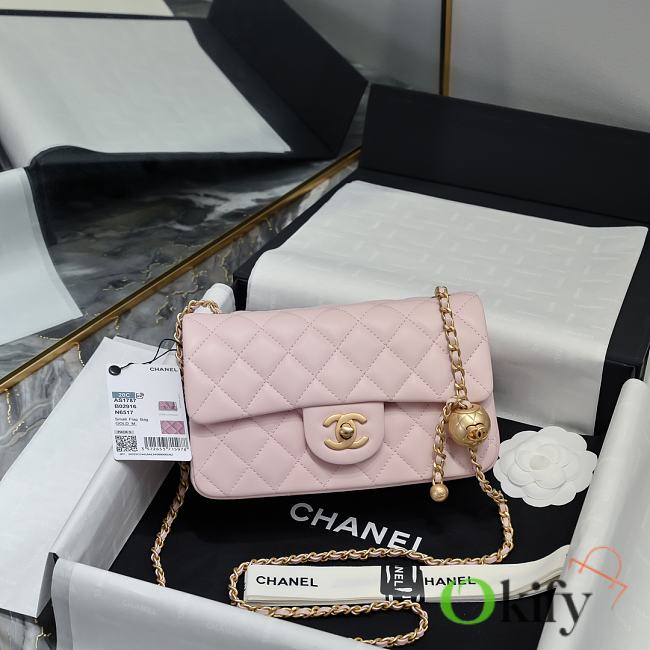 Okify CC Small CF Gold Ball Flap Bag In Pink Lambskin 20x13x7cm - 1
