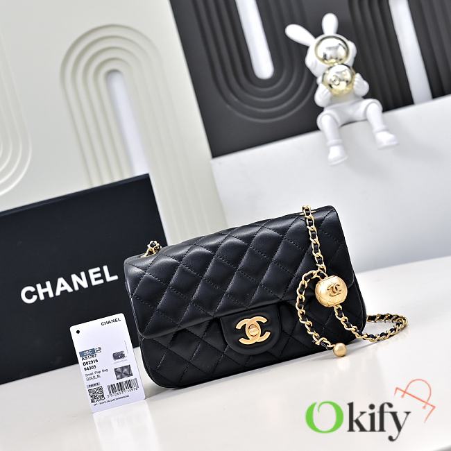 Okify CC Small CF Gold Ball Flap Bag In Black Lambskin 20x13x7cm - 1