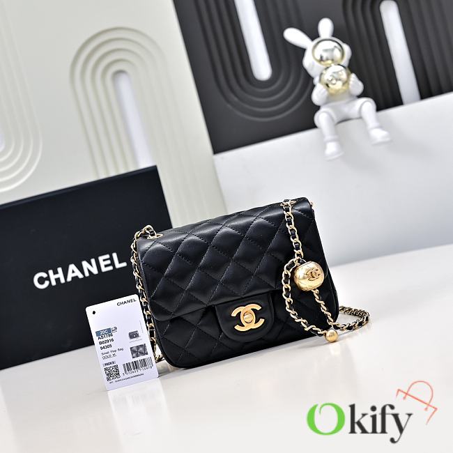 Okify CC Small CF Gold Ball Flap Bag In Black Lambskin 18x13x7cm - 1