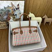 Okify Hermes Birkin Shoulder Light 29cm Canvas Embroidered Plaid Bag In Pink  - 4