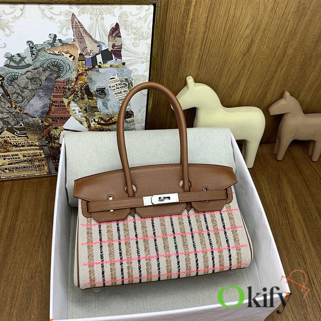 Okify Hermes Birkin Shoulder Light 29cm Canvas Embroidered Plaid Bag In Pink  - 1
