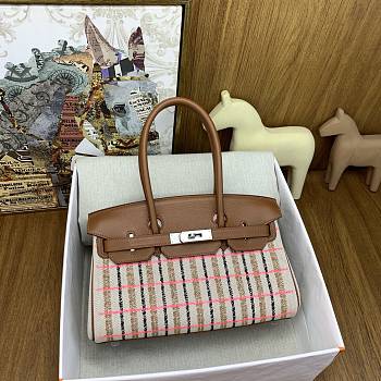 Okify Hermes Birkin Shoulder Light 29cm Canvas Embroidered Plaid Bag In Pink 