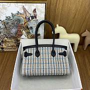 Okify Hermes Birkin Shoulder Light 29cm Canvas Embroidered Plaid Bag In Blue - 2