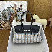 Okify Hermes Birkin Shoulder Light 29cm Canvas Embroidered Plaid Bag In Blue - 1