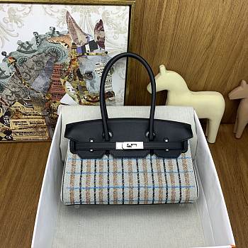 Okify Hermes Birkin Shoulder Light 29cm Canvas Embroidered Plaid Bag In Blue