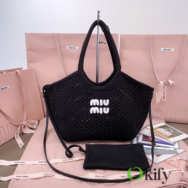 Okify MiuMiu Ivy Cotton Mesh Tote Bag In Black 28x26x12.5cm - 1