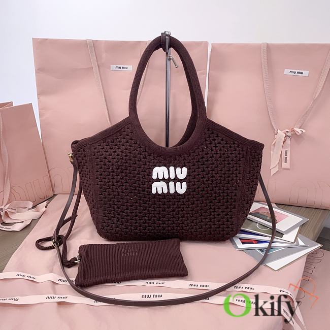 Okify MiuMiu Ivy Cotton Mesh Tote Bag In Brown 28x26x12.5cm - 1