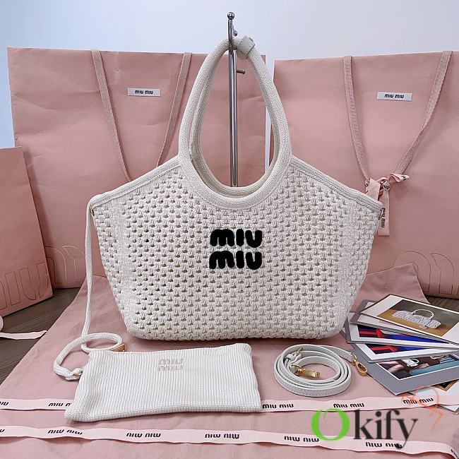 Okify MiuMiu Ivy Cotton Mesh Tote Bag In White 28x26x12.5cm - 1