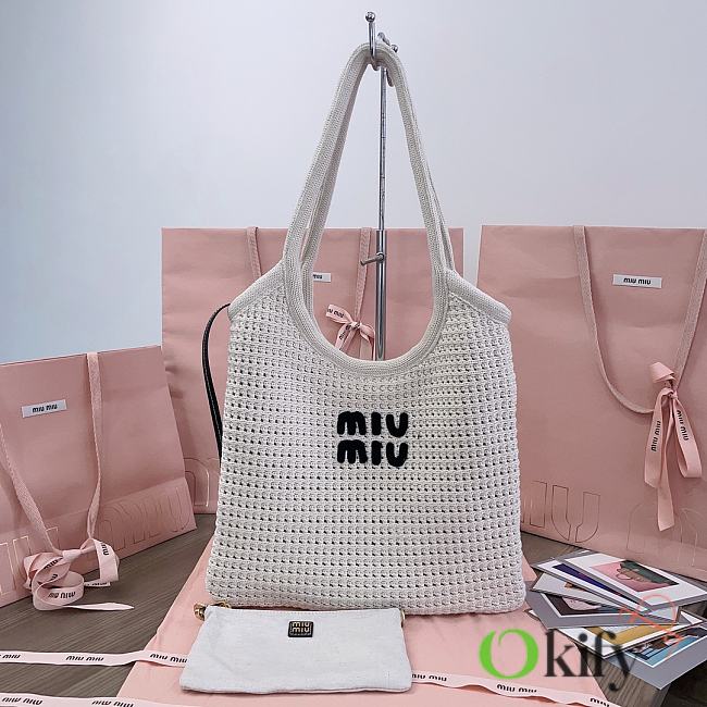 Okify MiuMiu Ivy Raffia Effect Woven Tote Bag In White 35x40cm - 1
