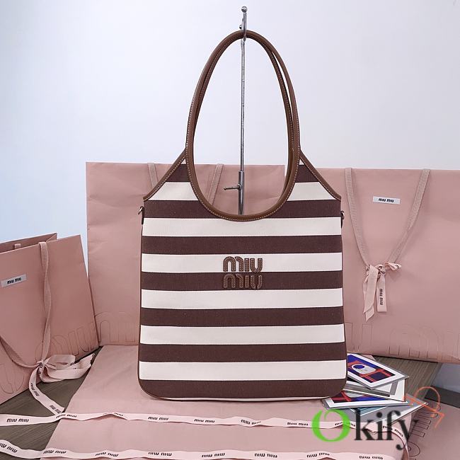 Okify MiuMiu Ivy Canvas And Leather Bag In Stripe Brown 35x40cm - 1