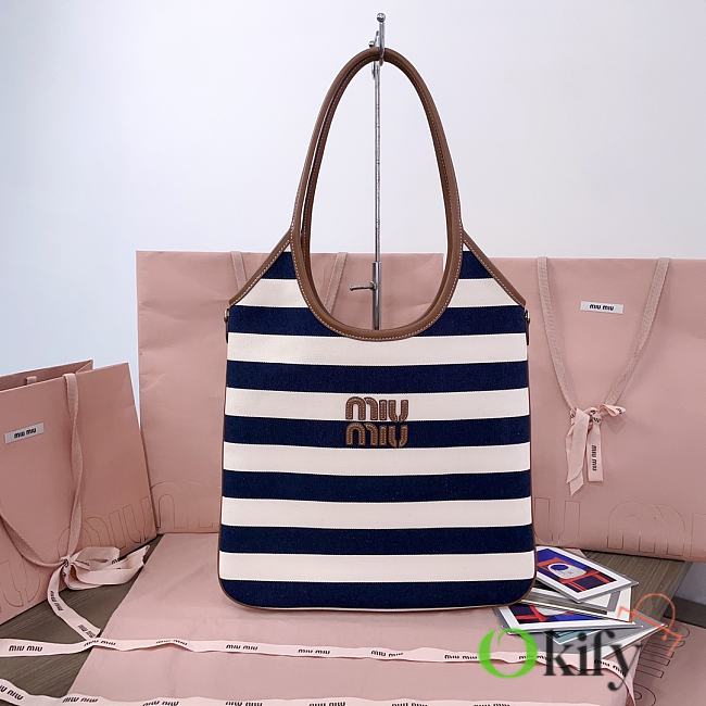 Okify MiuMiu Ivy Canvas And Leather Bag In Stripe Blue 35x40cm - 1