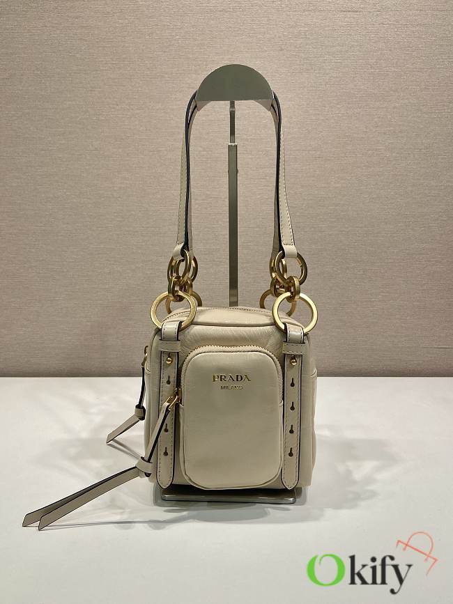 Okify Prada Mini Dangle Leather Top Handle Bag In Cream White 14x14x13.5cm  - 1