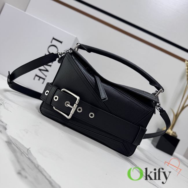 Okify Loewe Small Puzzle Biker Bag In Black Shiny Calfskin 24x10.5x16.5cm - 1