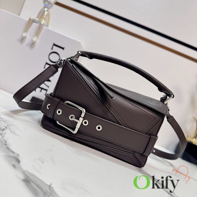 Okify Loewe Small Puzzle Biker Bag In Brown Shiny Calfskin 24x10.5x16.5cm - 1