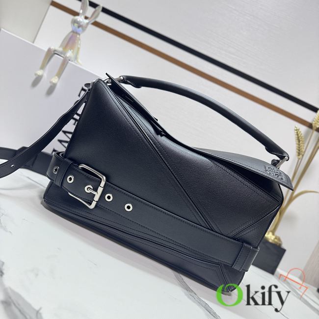 Okify Loewe Large Puzzle Biker Bag In Black Shiny Calfskin 33x14.7x21.5cm - 1
