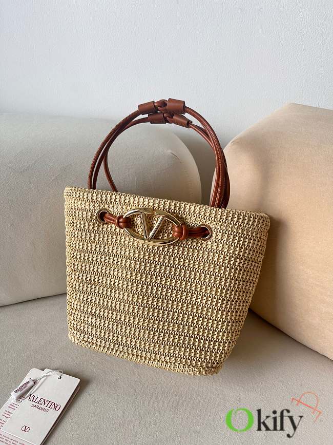 Okify Valentino Small Wicker Tote Bag In Beige 28x19x9cm - 1