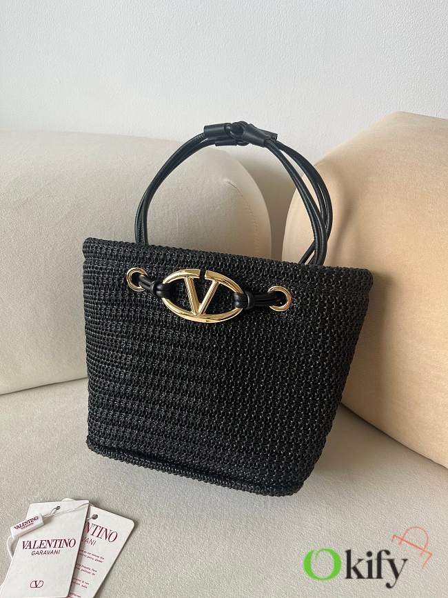 Okify Valentino Small Wicker Tote Bag In Black 28x19x9cm - 1