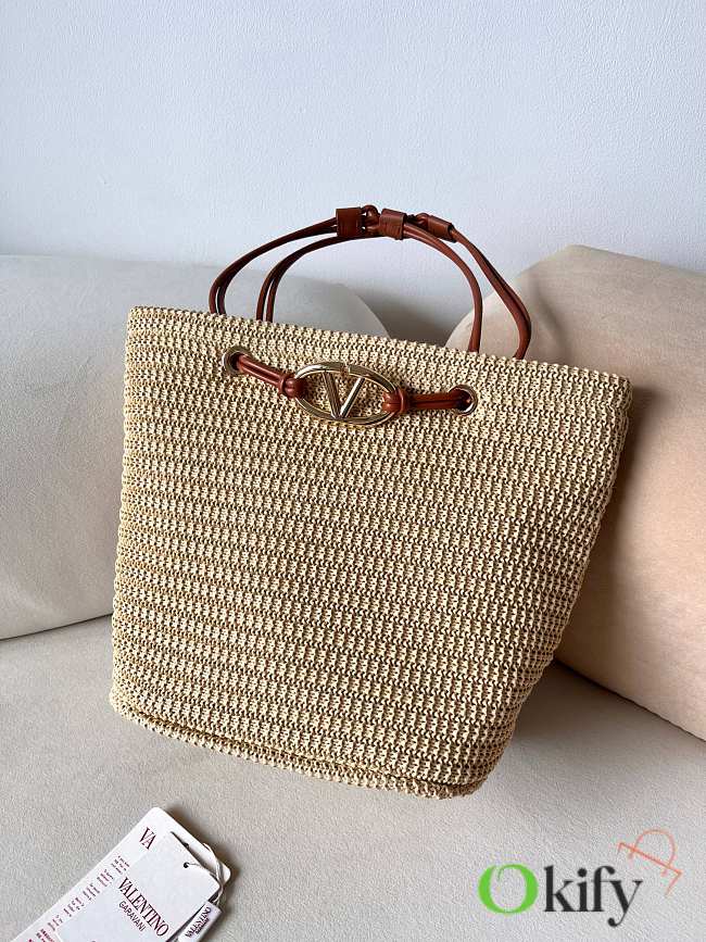 Okify Valentino Large Wicker Tote Bag In Beige 36x27x16cm - 1