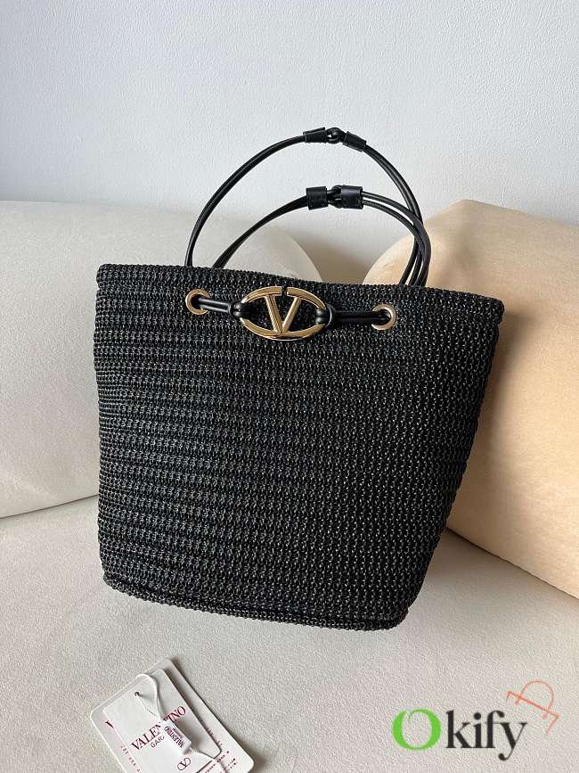 Okify Valentino Large Wicker Tote Bag In Black 36x27x16cm - 1