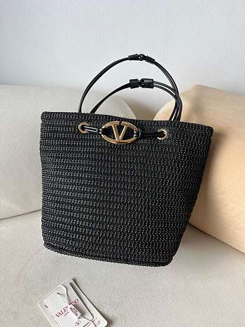 Okify Valentino Large Wicker Tote Bag In Black 36x27x16cm