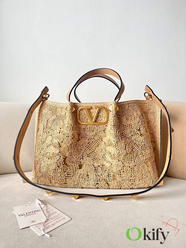 Okify Valentino Large Lace Effect Raffia Tote Bag 35x25x17cm - 1