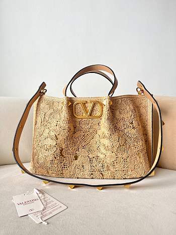 Okify Valentino Large Lace Effect Raffia Tote Bag 35x25x17cm