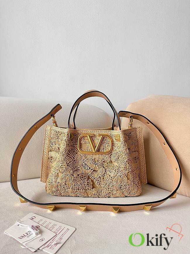 Okify Valentino Small Lace Effect Raffia Tote Bag 25x18x12cm - 1