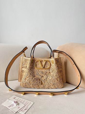 Okify Valentino Small Lace Effect Raffia Tote Bag 25x18x12cm