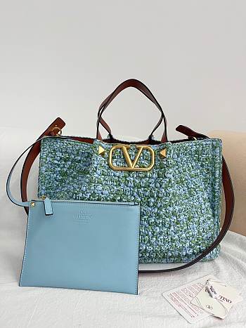 Okify Valentino Large Raffia Crochet Shopping Bag In Blue 35x25x17cm