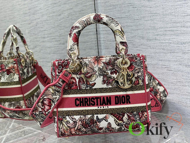 Okify Dior Medium Lady D-lite Bag In Pink Butterfly Embroidery 24cm - 1