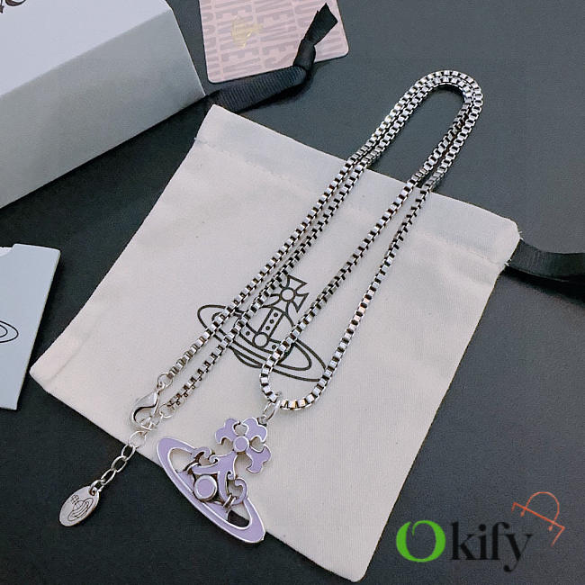 Okify Vivienne Westwood Silver Necklace With Purple Charm 60cm  - 1