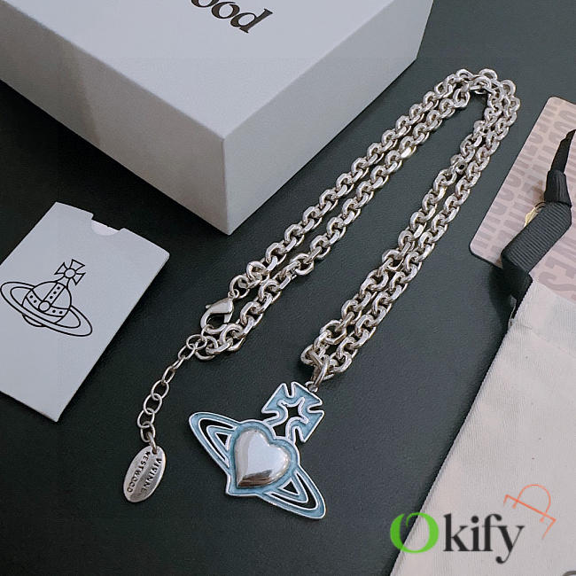 Okify Vivienne Westwood Silver Necklace With Blue Saturn Charm 60cm  - 1