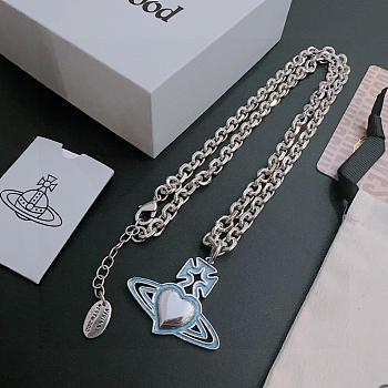 Okify Vivienne Westwood Silver Necklace With Blue Saturn Charm 60cm 