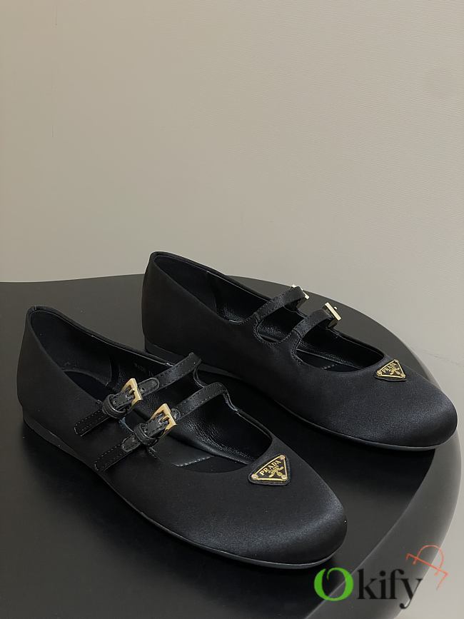 Okify Prada Black Silk Satin Ballet Shoes With 2 Straps  - 1