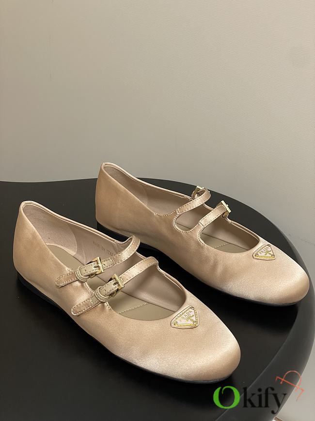 Okify Prada Beige Silk Satin Ballet Shoes With 2 Straps  - 1
