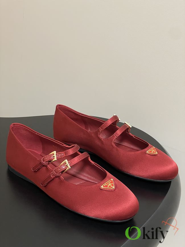 Okify Prada Red Silk Satin Ballet Shoes With 2 Straps  - 1