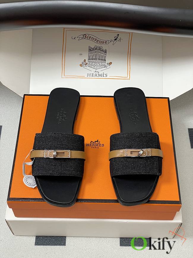 Okify Hermes Giulia Slides In Black With Brown Strap 5cm - 1