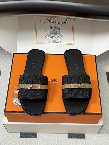 Okify Hermes Giulia Slides In Black With Brown Strap 5cm