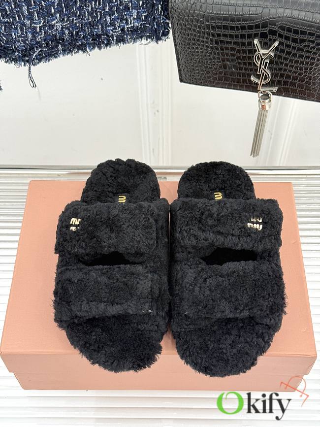 Okify MiuMiu Fur Sandals In Black  - 1