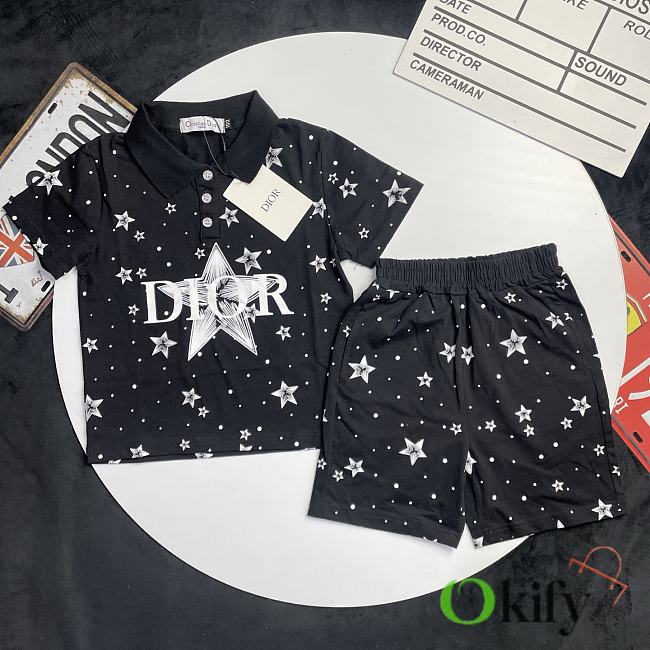 Okify Dior Set Of Black Star Polo And Shorts For Kids - 1