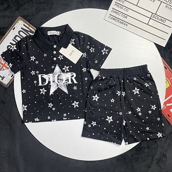 Okify Dior Set Of Black Star Polo And Shorts For Kids