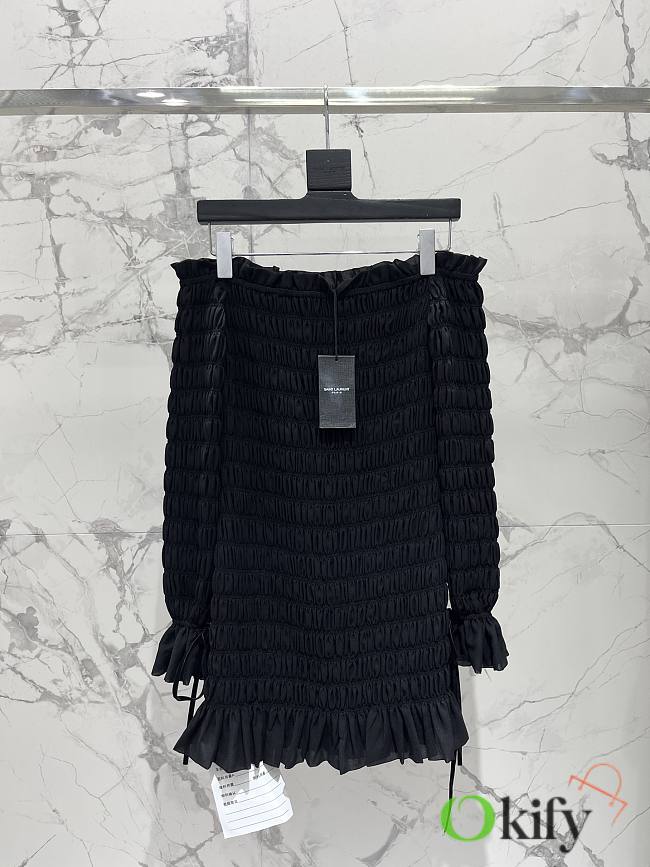 Okify YSL Quilted Pleated Long-Sleeve Dress In Black - 1