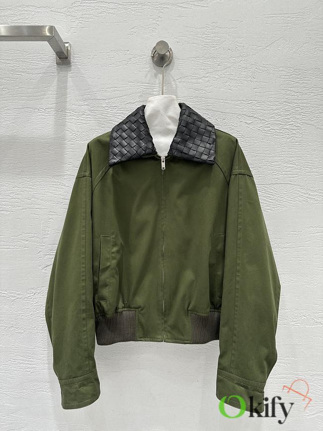 Okify Bottega Veneta Green Zip-up Jacket With Woven Leather Collar - 1