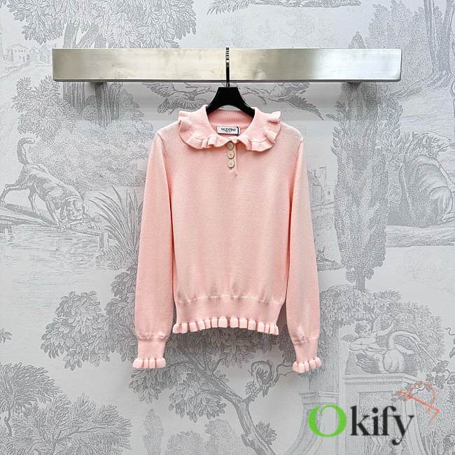 Okify Valentino Lapel Lace Pullover Sweater In Pink  - 1