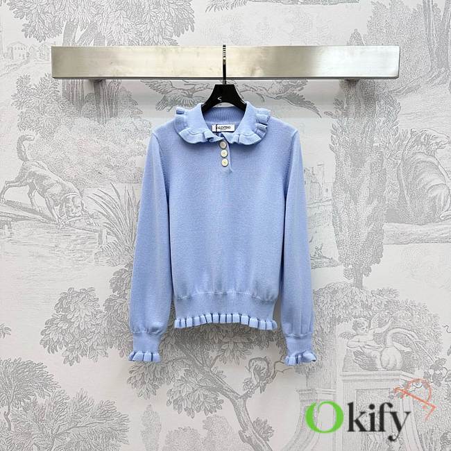 Okify Valentino Lapel Lace Pullover Sweater In Blue - 1